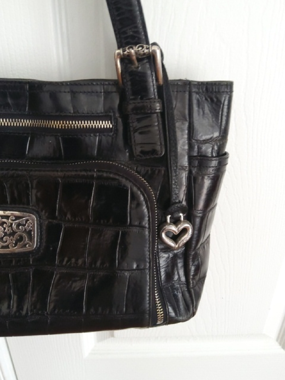 BRIGHTON Black Croc-Embossed Shoulder Bag w/ Silver Hardware - Picture 3 of 10